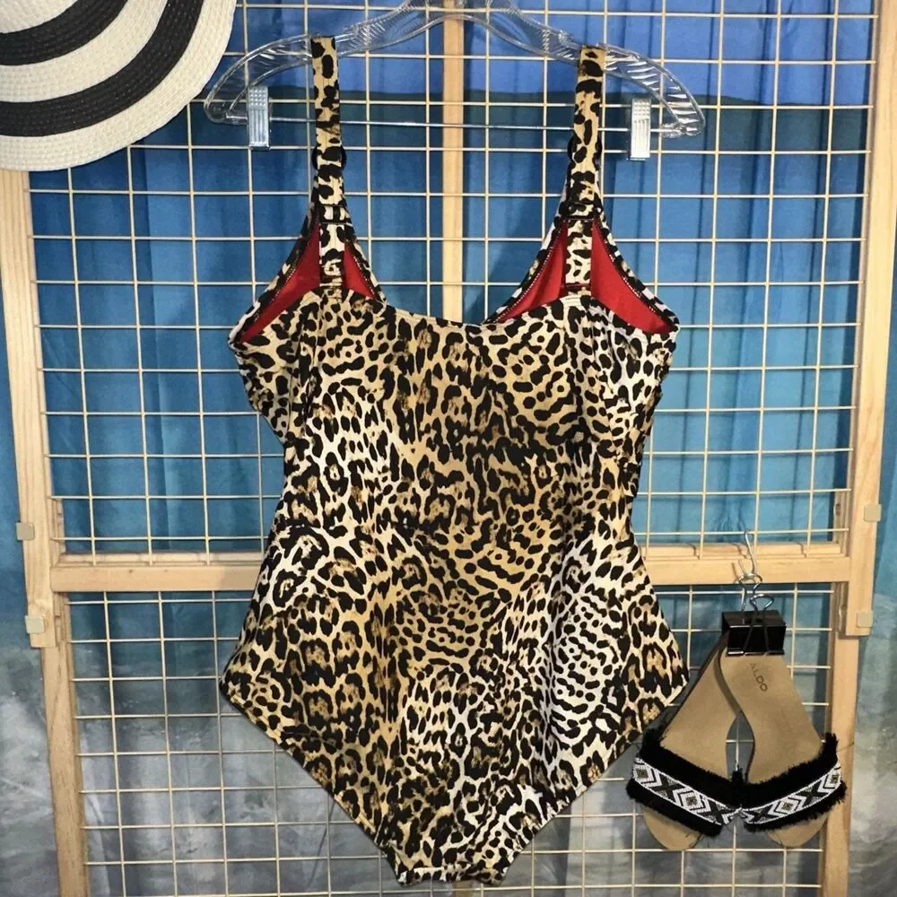 DKNY Leopard Print One Piece Swimsuit Womens Tiered Ruffle Brown XL - Picture 2 of 10